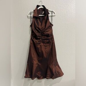 Tadashi Brown Taffeta Ruched Collared A-Line Evening  Formal Dress Sz 14 UK 16